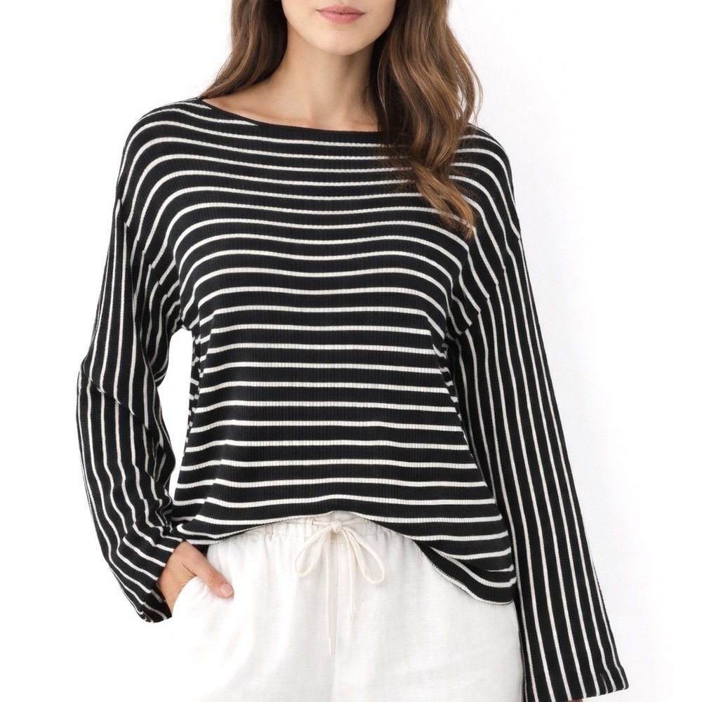 Ann Taylor Factory Striped Boat Neck Long Sleeve Sweater Black White M 101-40